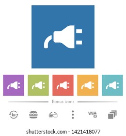 Power plug flat white icons in square backgrounds. 6 bonus icons included.