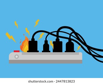 Power plug is full, Short circuit, House fire, Safety first, Vector design