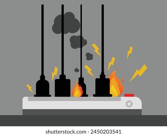 Power plug is full, Short circuit, House fire, Safety first, Vector design