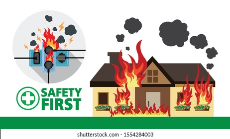 Power plug is full,Short circuit,House fire, Safety first,Vector design 