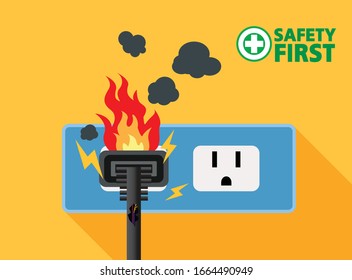 Power plug is full,Short circuit,House fire, Safety first,Vector design 