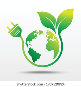 power plug with green earth. isolated on white background. ecology and sustainability concept. save nature the world. vector illustration in flat style modern design. 