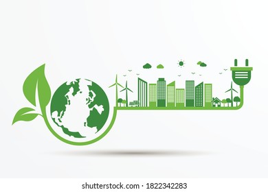 power plug green ecology city with earth icon. Energy ideas save the world concept. sustainable and environmental friendly. isolated on white background. vector illustration in flat style  design.