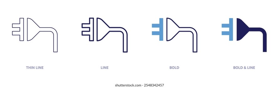 Ícone de plugue elétrico em 4 estilos diferentes. Linha fina, Linha, Negrito e Linha Negrito. Estilo duotônico. Traçado editável.