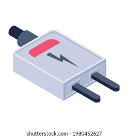 Power plug icon in isometric design, plug editable vector 