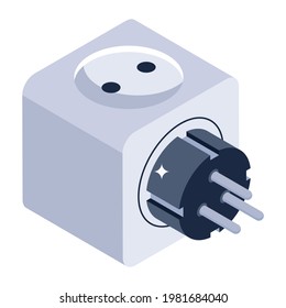Power plug icon in isometric design, three pronged power editable vector 