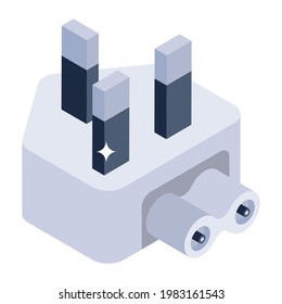 Power plug icon in isometric design, three pin cord editable vector 