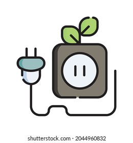 Ilustración del vector de iconos de enchufe de alimentación. Dibujo de esquema plano. Concepto de icono de energía sostenible Vector Premium aislado