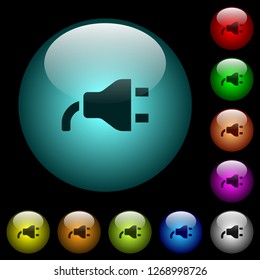 Power plug icons in color illuminated spherical glass buttons on black background. Can be used to black or dark templates