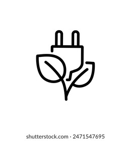 Power plug with leaves icon. Green industry and sustainability concept. Editable stroke. Isolated vector illustration