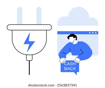 Power plug with a lightning bolt symbol and a person holding a cashback sign on right. Ideal for financial technology, e-commerce, electricity, cashback promotions, and tech innovation. Flat vector