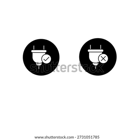 Power plug status icons, electricity connection and disconnection symbols. Modern circular vector illustration.