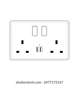 Enchufe de alimentación de dos enchufes de tipo g con interruptor y puerto usb, Ilustración vectorial de estilo de contorno