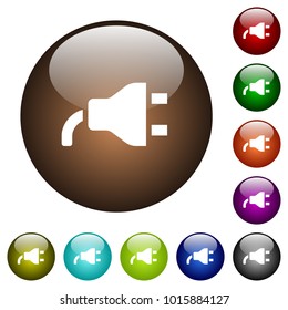 Power plug white icons on round color glass buttons