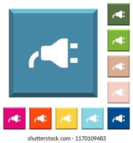 Power plug white icons on edged square buttons in various trendy colors