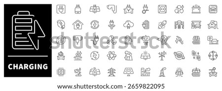 Power plugs, charging indicators, batteries, cables, and energy level symbols in a tech-friendly style. Electric-focused pack of 50 linear icons dedicated to charging devices