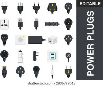 Power plugs and electrical sockets flat color icon set, connection technology adapter vector bundle.