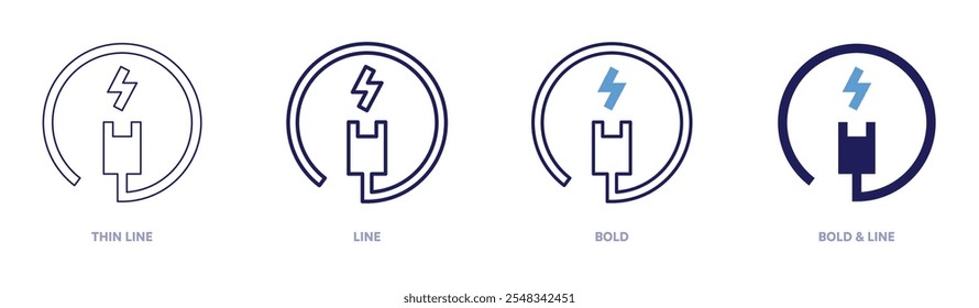 Ícone de plugues elétricos em 4 estilos diferentes. Linha fina, Linha, Negrito e Linha Negrito. Estilo duotônico. Traçado editável.