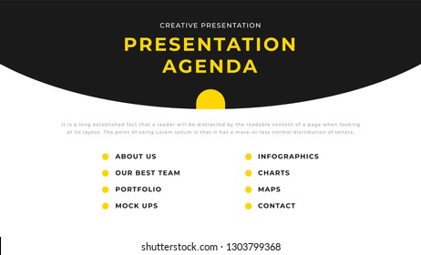 Power Point Business Presentation Agenda Template Design With Yellow And Gray Elements On A White Background. Easy Use Annual Report Flyer And Leaflet Template. Corporate Report, Ppt Cover Design