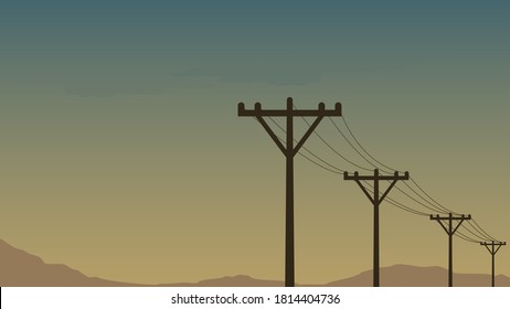Power pole in front of hills with landscape mode and beautiful sunset. Vector illustration, Background.