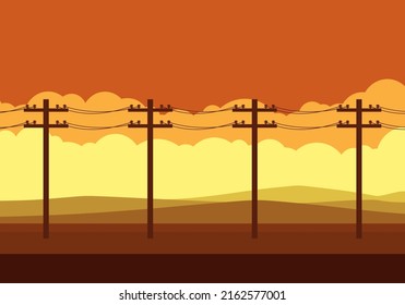 Power pole in front of hills with landscape mode and beautiful sunset. electricity pole along the way. Utility pole Electricity concept. High voltage wires. Landscape desert sunset vector