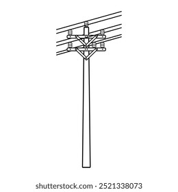 Ícone de linha fina do polo de energia. Cabo de alimentação, eletricidade, ferro ou concreto, tensão do cabo, transmissão, local, fabricação, estação, construção, distribuição de energia símbolo ícone do projeto. Ilustração vetorial