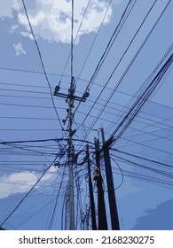 Power pole vector. Power pole  and lots of power cables with sky background.