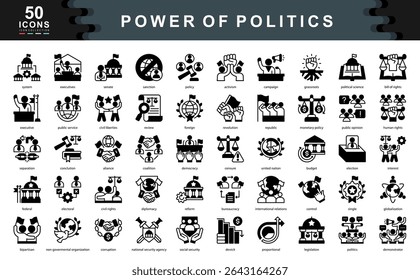 The Power of Politics black icon set explores key political forces like democracy, policy, civil rights, and diplomacy ideal for educational, government, or civic engagement projects.