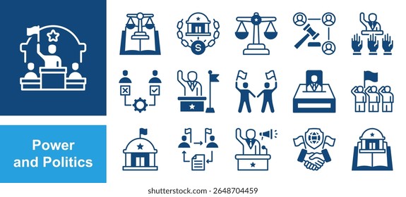 Power and Politics icon set with authority, influence, leadership, control, legitimacy, coercion, governance.