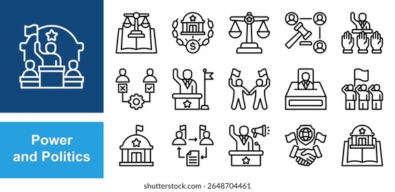Power and Politics icon set with authority, influence, leadership, control, legitimacy, coercion, governance.