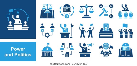 Power and Politics icon set with authority, influence, leadership, control, legitimacy, coercion, governance.
