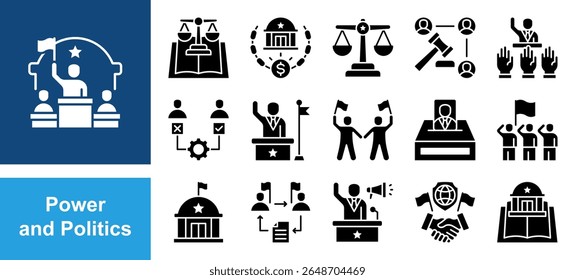 Power and Politics icon set with authority, influence, leadership, control, legitimacy, coercion, governance.