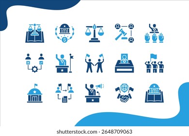 Conjunto de ícone Poder e Política. com Democracia, Eleitoral, Executivo, Liberdades Civis, Eleição, República, Federal, Burocracia, Campanha, Diplomacia, Ciência Política, Poder.