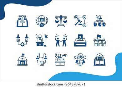Conjunto de ícone Poder e Política. com Democracia, Eleitoral, Executivo, Liberdades Civis, Eleição, República, Federal, Burocracia, Campanha, Diplomacia, Ciência Política, Poder.