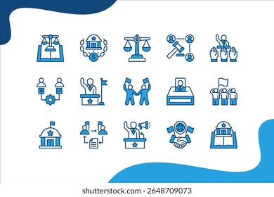 Conjunto de ícone Poder e Política. com Democracia, Eleitoral, Executivo, Liberdades Civis, Eleição, República, Federal, Burocracia, Campanha, Diplomacia, Ciência Política, Poder.