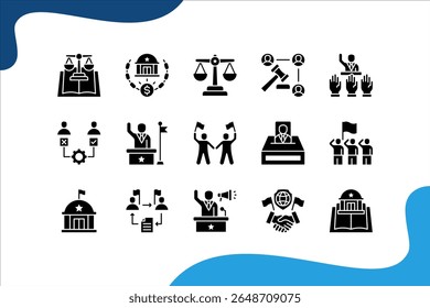 Conjunto de ícone Poder e Política. com Democracia, Eleitoral, Executivo, Liberdades Civis, Eleição, República, Federal, Burocracia, Campanha, Diplomacia, Ciência Política, Poder.