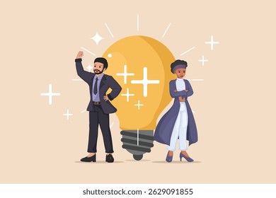 The Power of Positive Thinking in Business Collaboration: Illustration of a Man and Woman Inspired by a Glowing Lightbulb and Positive Reinforcement.