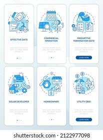 Power purchase agreement blue onboarding mobile app screen set. Service walkthrough 3 steps graphic instructions pages with linear concepts. UI, UX, GUI template. Myriad Pro-Bold, Regular fonts used