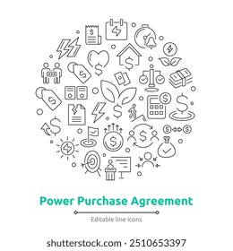 Power purchase agreement linear icons collection. UI icon set in flat line design. Thin outline icons pack.
