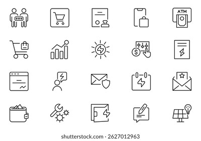 Power Purchase Agreement outline icon set. tube, roof, call, broadcasting, glass, note, engage, haircut, chemical, trade, electricity supply. Isolated vector outline illustrations. Editable stroke