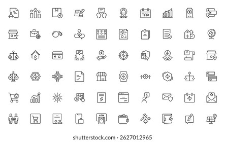 Power Purchase Agreement outline icon set. tube, roof, call, broadcasting, glass, note, engage, haircut, chemical, trade, electricity supply. Isolated vector outline illustrations. Editable stroke
