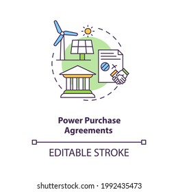 Power purchase agreements concept icon. Arrangement for design, permitting, financing, and installation idea thin line illustration. Vector isolated outline RGB color drawing. Editable stroke