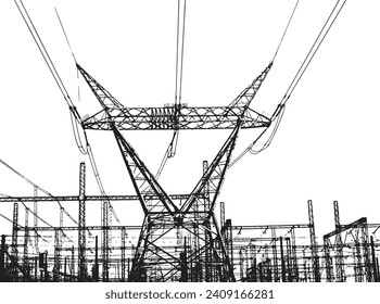 Power pylon, cables and complex electricity transmission infrastructure