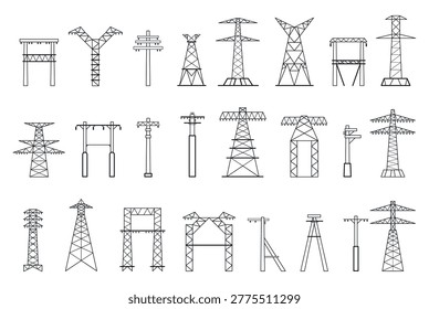 Power pylon and transmission tower set with electricity grid cables for energy infrastructure blueprints, utility presentation templates, and engineering schematic design. Minimal vector collection.