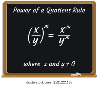 Potência de uma Regra de Quociente em um quadro negro. Educação. Ciência. Fórmula. Ilustração vetorial.