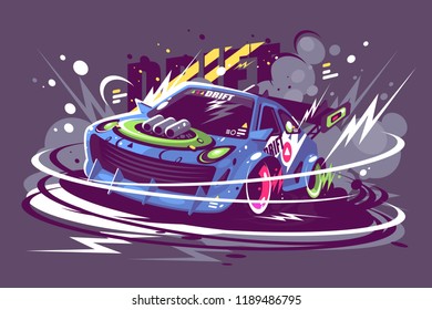 Power Racing Sport Car Drifting On Race Track. Burned Tire Smoke Drift Championship Concept. Flat. Horizontal. Vector Illustration