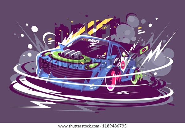 Power racing sport car drifting on race\
track. Burned tire smoke drift championship concept. Flat.\
Horizontal. Vector\
illustration