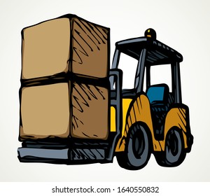 Power raise up weight wheel auto tractor view on white paper text space. Outline black hand drawn courier carry pack production lorry drive job logo sign design in modern art doodle line cartoon style