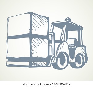 Power raise up weight wheel auto tractor view on white paper text space. Outline black hand drawn courier carry pack production lorry drive job logo sign design in modern art doodle line cartoon style