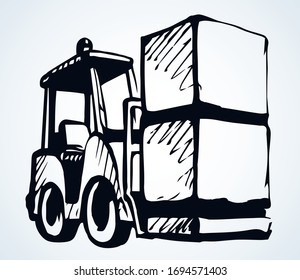 Power raise up weight wheel auto tractor view on white paper text space. Outline black hand drawn courier carry pack production lorry drive job logo sign design in modern art doodle line cartoon style